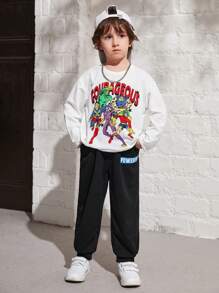 SHEIN Kleine Jungen Lässig set aus Langarm Top mit Cartoon Muster und einfarbiger Hose, Fleece, verdickt - Weiss - Übersicht 5