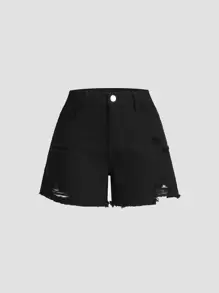 Tween Girls Black Distressed Denim Shorts - Black - View 1