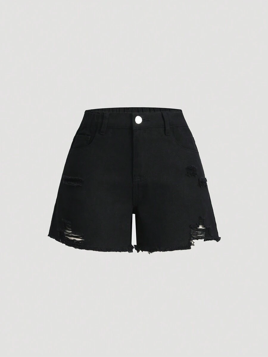 Tween Girls Black Distressed Denim Shorts - Black - View 1