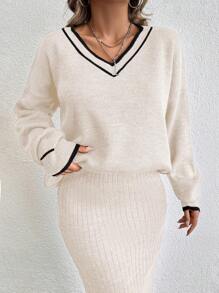 EURMUSE V-Neck Drop Shoulder Striped Sweater And Knit Skirt Two Piece Set - Apricot - View 5