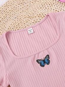 SHEIN 少女蝴蝶刺繡條紋針織連衣裙 - 藕粉色 - 查看 3