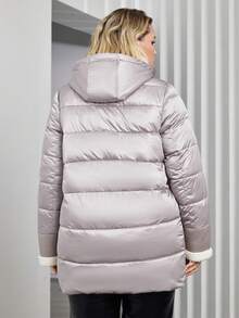 女士加大碼拼色連帽小熊外套,帶填充物 - 駝色 - 查看 2