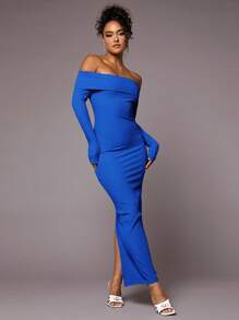 SHEIN BAE Solid Color Off-Shoulder Bodycon Dress - Royal Blue - View 5