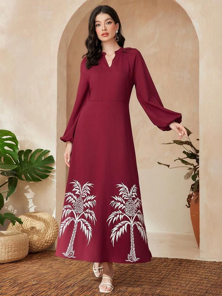 Coconut Tree Print Notched Neckline Lantern Sleeve Dress