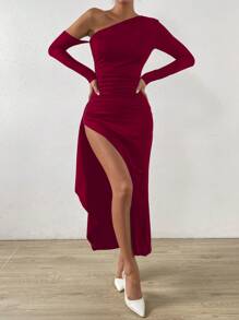 Chiquease Asymmetric Neckline High Slit Hem Dress - Burgundy - View 1