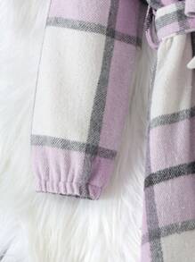 SHEIN 女孩子的格紋襯衫領長袖扣式長洋裝,附帶腰帶適用於秋季,時尚可愛 - 紫色 - 查看 4