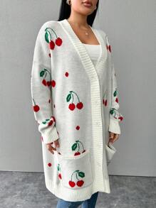 SHEIN Cottnline Kích thước lớn Của phụ nữ Mẫu anh đào Thả vai Tay áo dài Áo len Mở - trắng - Xem 3