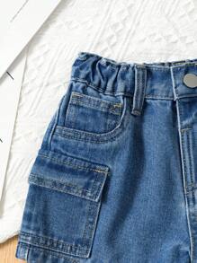 SHEIN Vintaside Kids Young Girl Mid Washed Blue Denim Shorts With Folded Hem