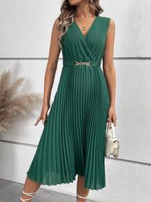 Chiquease Solid Color Pleated Hem Dress - Green - View 6