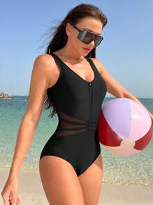 Swim SPRTY Summer Beach Contrast Mesh Insert Ruched Zip Front One Piece Swimsuit - Black - View 3