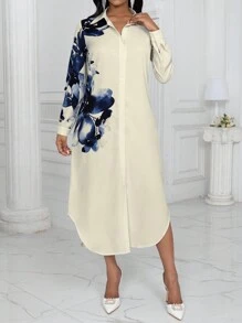 SHEIN LUNE Đầm Maxi Tay Dài In Hình Bướm Xanh Trắng Cho Nữ - Màu be - Xem 7