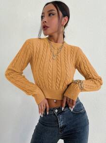 SHEIN LUNE 女士圆领长袖套头针织衫秋冬毛衣 - 芥末黃 - 查看 6