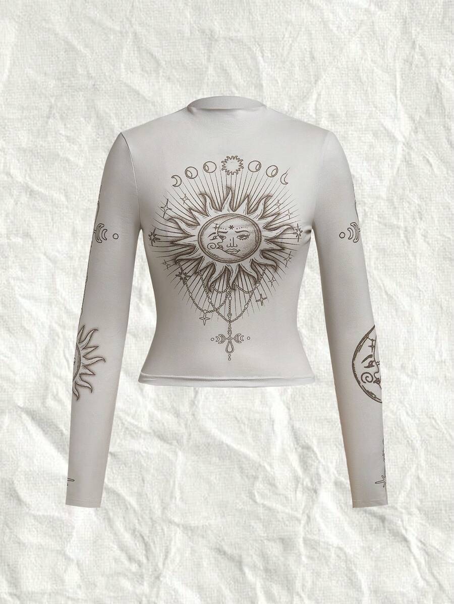 SHEIN EZwear Sun & Moon Print Mock Neck Tee - Apricot - View 1