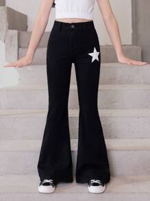 SHEIN Tween Girl New Style Casual Fashionable All-Match Star Pattern Washed Denim Bell-Bottoms - Black - View 1