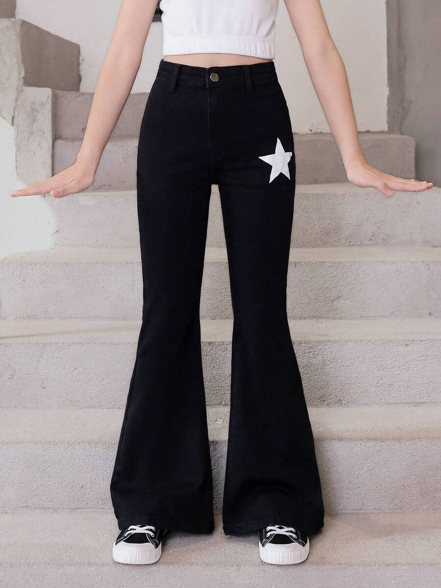SHEIN Tween Girl New Style Casual Fashionable All-Match Star Pattern Washed Denim Bell-Bottoms - Black - View 1