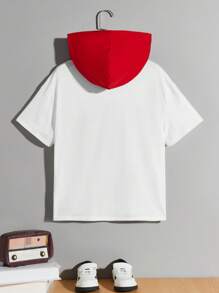 SHEIN 男童休閒對比色帽短袖針織t恤,印有卡通圖案,附帽子 - 彩色 - 查看 2