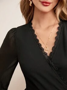 SHEIN Frenchy 雪紡袖蕾絲領連體褲,金色鈕扣,全黑色 - 黑色 - 查看 8