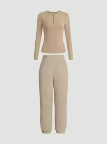 SHEIN LUNE Women'S Solid Color Rib-Knit Sweater And Furry Pants Set Fall Cloth For Women - Apricot - View 1