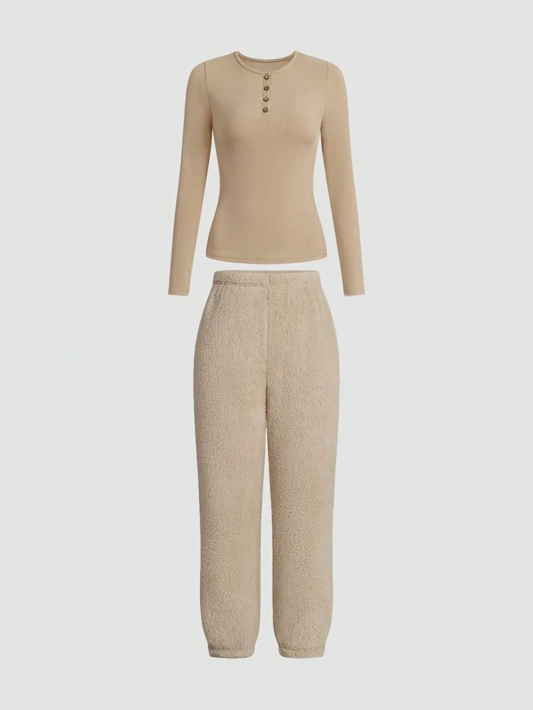Women'S Solid Color Rib-Knit Sweater And Furry Pants Set Fall Cloth For Women
