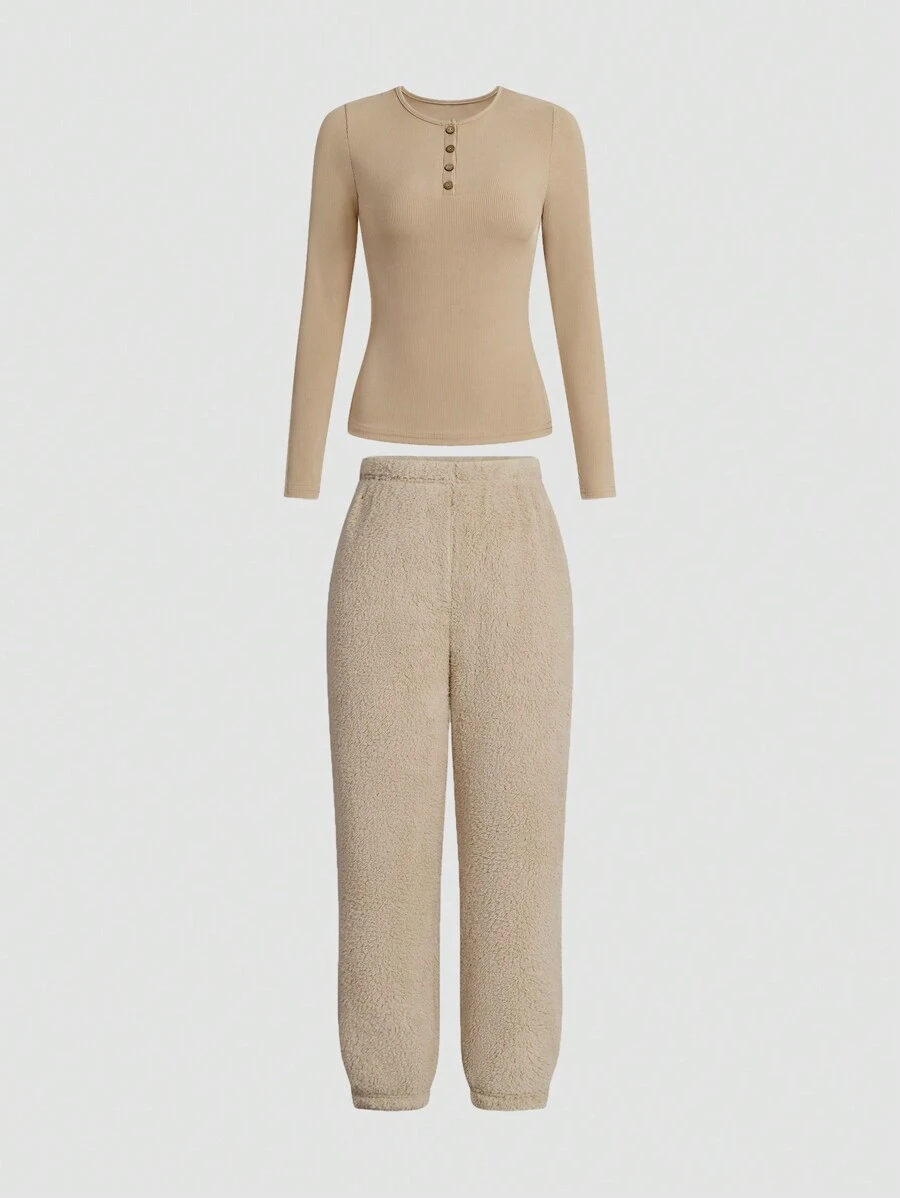 SHEIN LUNE Women'S Solid Color Rib-Knit Sweater And Furry Pants Set Fall Cloth For Women - Apricot - View 1