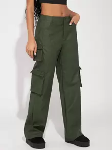 SHEIN Haute 女性貨物長褲 - 軍綠色 - 查看 4