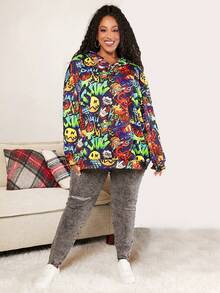 SHEIN CURVE+ 圣诞节加大码字母卡通图案落肩卫衣 - 彩色 - 查看 5