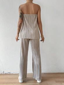 SHEIN Essnce 無肩帶短上衣和褲子套裝 - 卡其色 - 查看 2