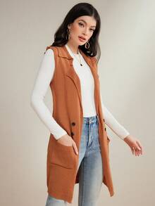 VaVaBold Women's Solid Color Sleeveless Cardigan Vest With Double Pockets - Brown - View 4