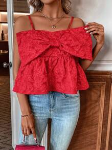 SHEIN Frenchy Bowknot Decoration Jacquard Camisole Camis Top - Black - View 1