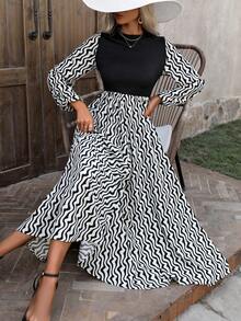 SHEIN LUNE Printed Patchwork Dress - Black - View 3