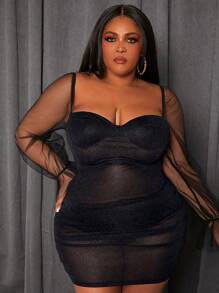 Slaydiva 加大尺碼甜心領網紗荷葉袖閃亮連衣裙 - 黑色 - 查看 3