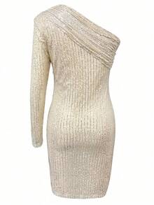 Women's Asymmetrical Long Sleeve Sequined Party Bodycon Dress, New Year's Party, Valentine's Day Holiday Tops Corset Top - Silver - View 2