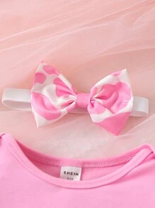 Baby Girls' Letter Printed Bodysuit With Cow Pattern Pants Set - Hot Pink - View 3