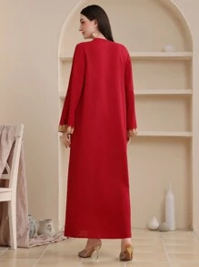 Al Najma V-Neck Embroidered Ruffle Sleeve Dress, Modest Kaftan - Red - View 2