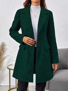 SHEIN Clasi Women's Solid Color Single Breasted Woolen Coat - Dark Green - View 1