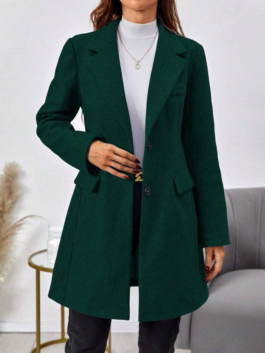 SHEIN Clasi Women's Solid Color Single Breasted Woolen Coat - Dark Green - View 1