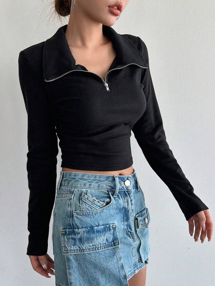 Solid Half Zip Crop Tee Long Sleeve Women Tops