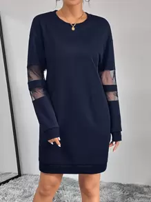 SHEIN Essnce Đầm lưới dài tay trễ vai tương phản dành cho nữ - Màu xanh lam - Xem 3