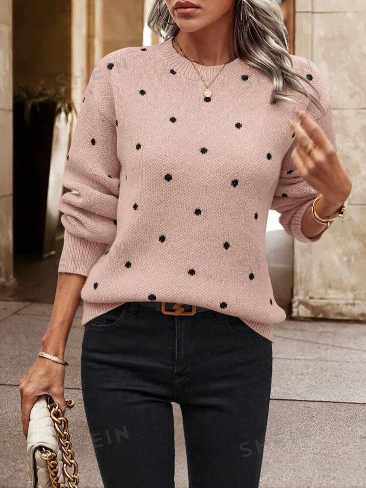 SHEIN LUNE Polka Dot Round Neck Casual Sweater Long Sleeve Ladies Late Fall Casual Long Sleeve Regular Fit Pink Drop Shoulder Pullovers Women Sweaters SHEIN