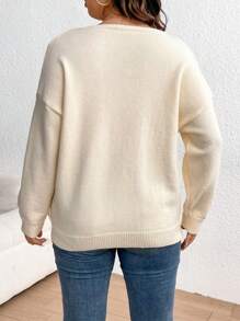 SHEIN Frenchy 大尺碼女裝蕾絲拼接下垂肩領插肩毛衣 - 米色 - 查看 2