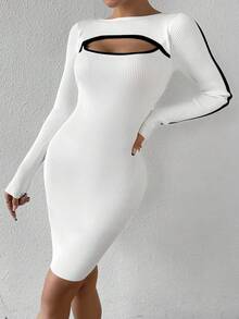 Chiquease Khối màu Xu hướng: Cắt giảm Tay áo dài Váy len bó sát - trắng - Xem 3
