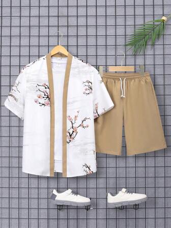 SHEIN Teen Boys' Casual Plum Blossom Pattern Knitted Cardigan And Solid Woven Shorts Set