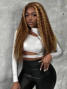 Slaydiva 女士镂空金属质感长袖T恤 - 銀色 - 查看 3