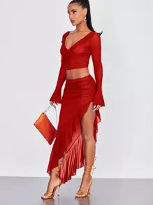 SHEIN BAE 不對稱下擺裙子,帶有荷葉邊裝飾 - 紅色 - 查看 6