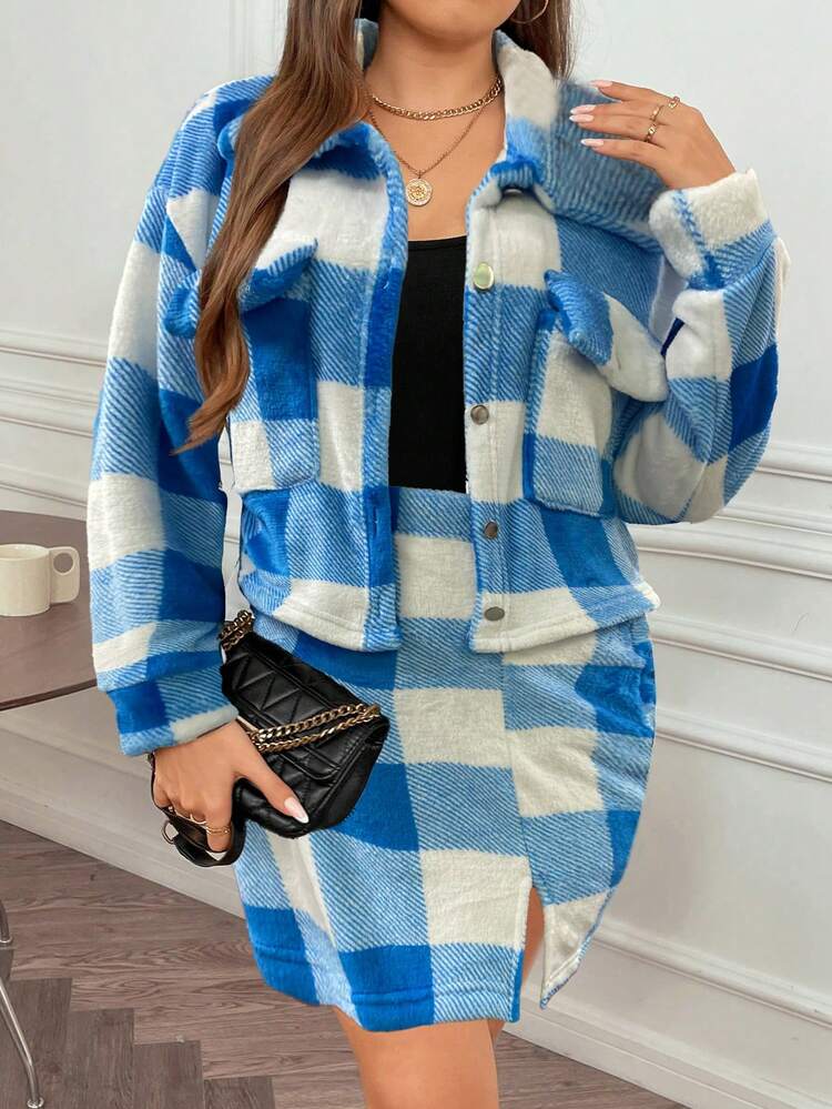 Plus Size Flap Pocket Plaid Flannel Jacket And Skirt Two-Piece Set