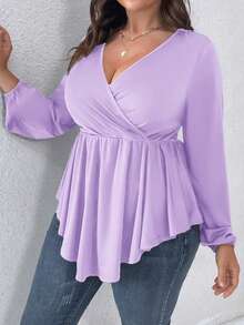 SHEIN Clasi Plus Size Solid Color Ruffled Wrap Tee - Dusty Purple - View 3