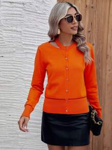 SHEIN Clasi 純色長袖開衫毛衣 - 珊瑚橙 - 查看 1