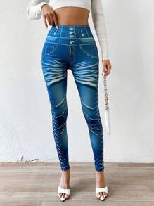 SHEIN Unity 女式牛仔效果打底褲 - 藍色 - 查看 5