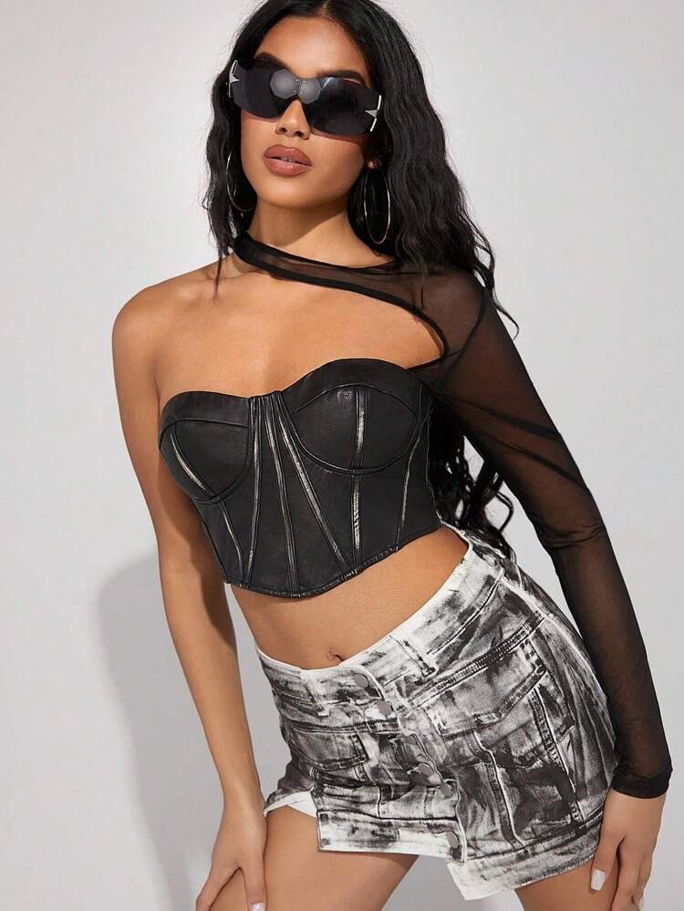 Asymmetric Mesh Shrug Bustier Top