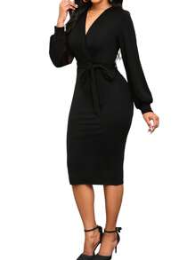 Solid Color Lantern Sleeve V-Neck Dress - Black - View 3